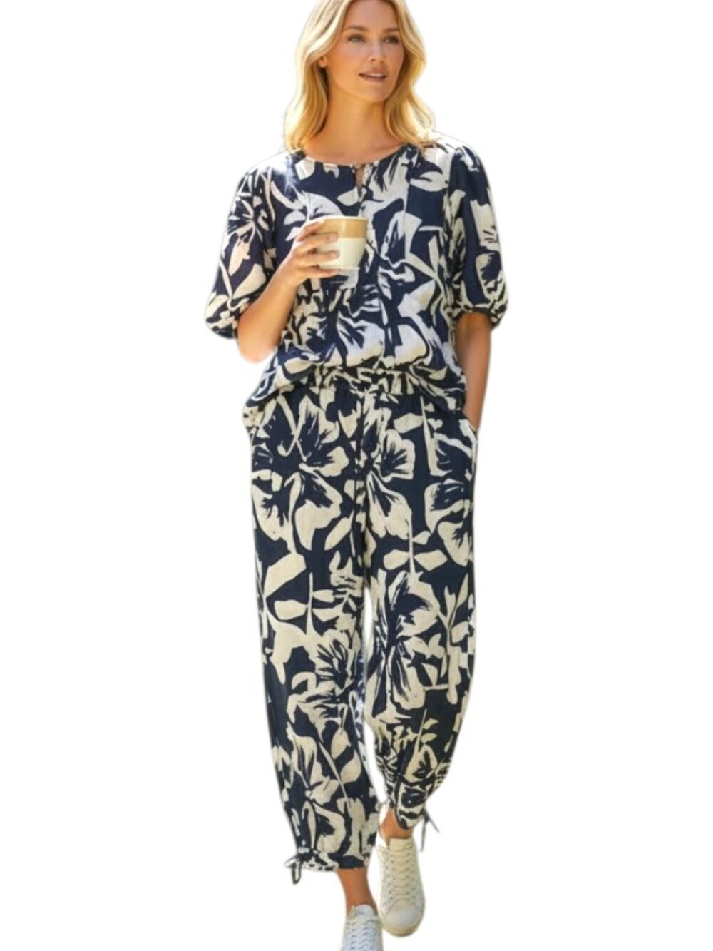 Calypso St. Barth Linen/Rayon Lounge Set Blue & White Floral Vacation/Resort - L